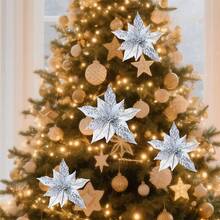 Flores de Nochebuena brillantes, flores artificiales navideñas con tallos para árbol, jarrón, centros de mesa, decoración navideña para fiestas y hogar - Plateado - Ver 5