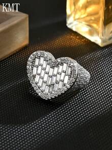 1pc Women's Adjustable Copper Ring With Micro-Inlaid Cubic Zirconia Luxury Heart Design, Suitable For Parties, Banquets And Daily Wear