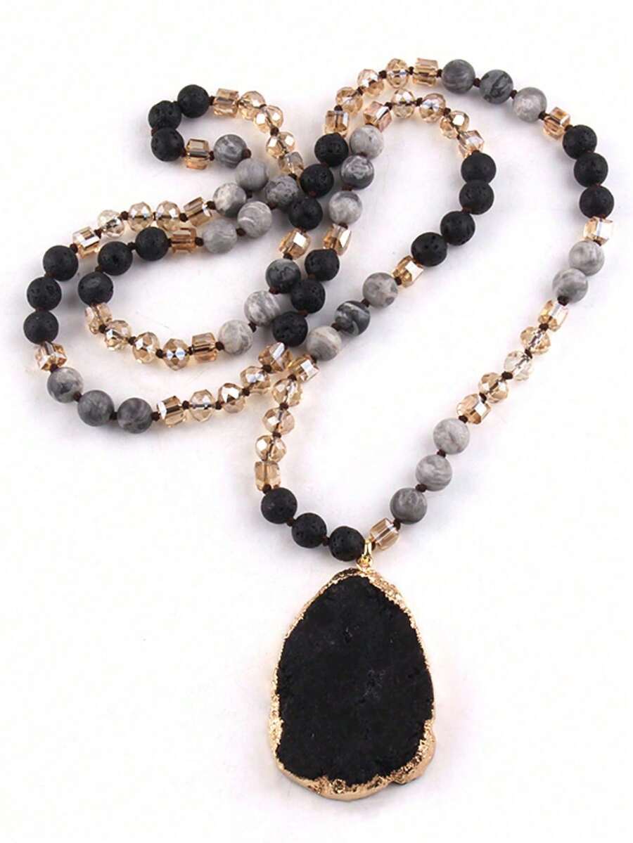 1 Pcs Women's Black Natural Semi Gemstone Autumn/Winter Fashionable Bohemian Style Necklace, With Irregular Large Crystal Cluster Pendant Necklace In The Shape Of A Water Droplet, Perfect For Sweater Chains, Clothing Matching, And Gift Giving - 黑色 - 查看 1