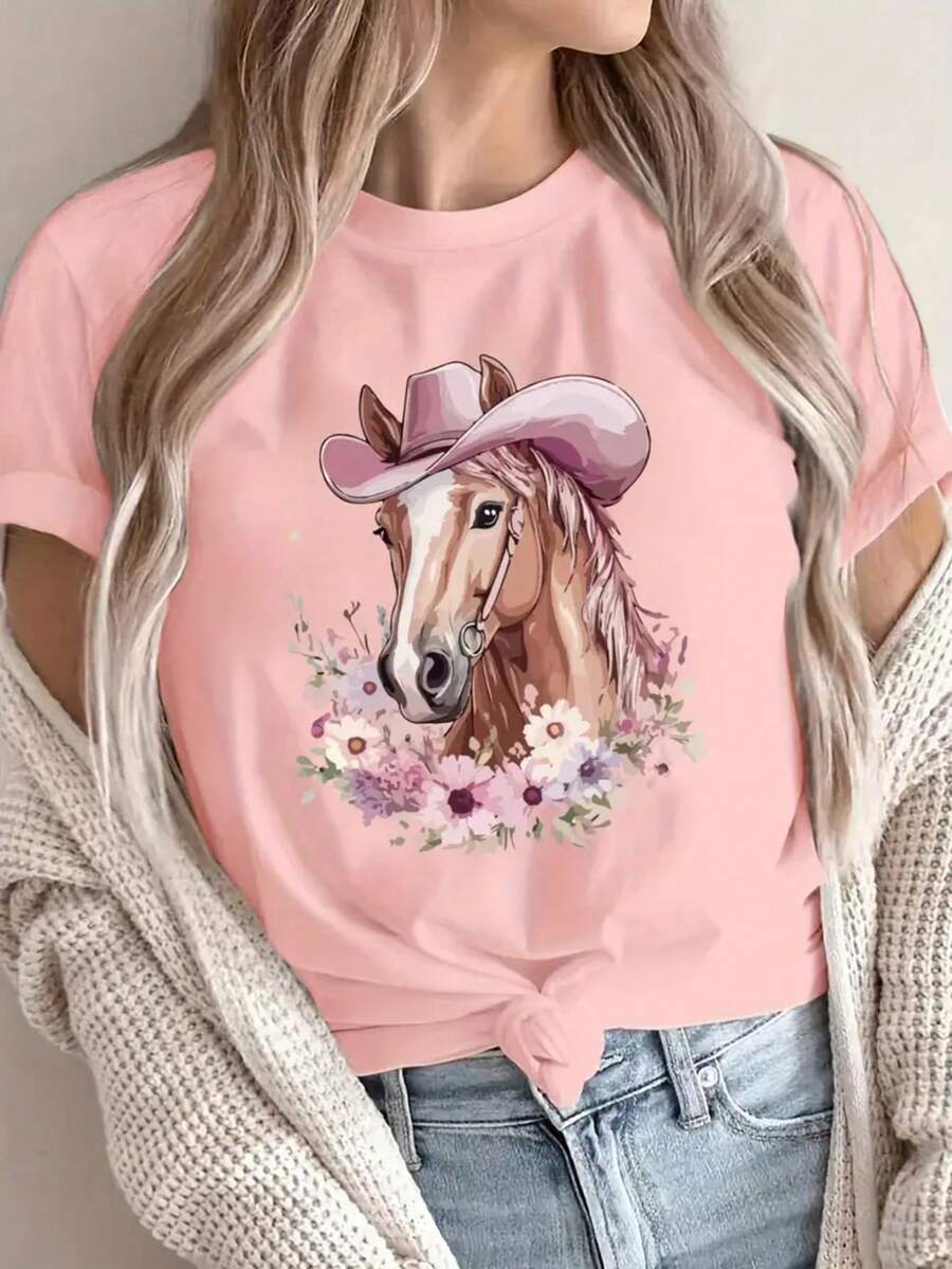 Playera camiseta gráfica dama mujer manga corta cuello redondo básica cómoda fresca ligera moderna juvenil estampado caballo sombrero vaquero cowboy cowgirl western flores flor floral acuarela - Rosa - Ver 1