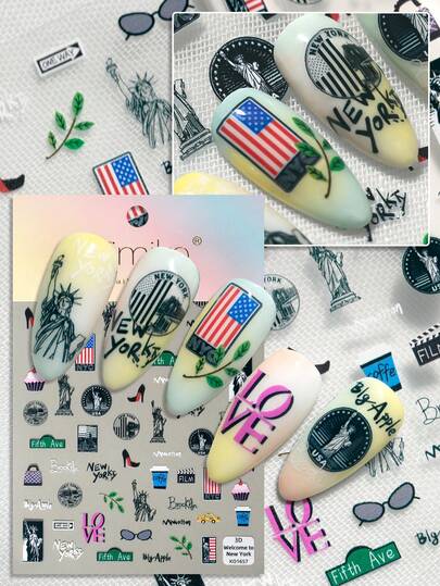 Ein hochwertiger, modischer Nagel-Aufkleber mit geprägter Laser-Technologie, im schlichten Stil mit modischen Elementen wie Freiheitsstatue, High Heels, Taschen usw., geeignet für persönliches DIY und Verwendung im Nagelstudio