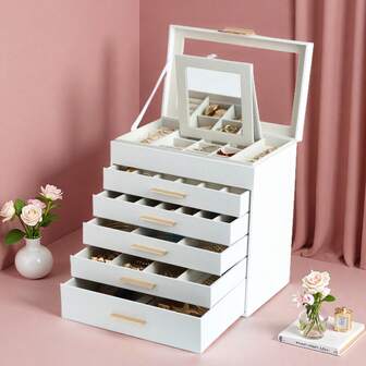 BOOVO Women's Jewelry Box -6-Layer Large Capacity Jewelry Storage Box - Transparent Lid For Displaying Jewelry -5 Drawers For Sorting - Suitable Storage Box For Rings, Necklaces, And Bracelets - Soft Velvet Lining - Artificial Leather Storage Box
