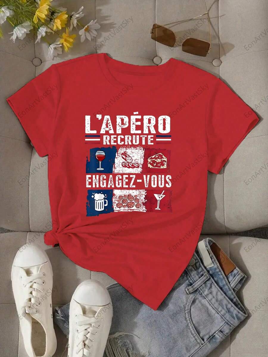 220g100% pure cotton women's T-shirt, printed with appetizer patterns, floral style, soft and breathable all year round, moisture wicking, recent popular T-shirt, suitable for casual wear, the best gift choice! - Rojo - Ver 1