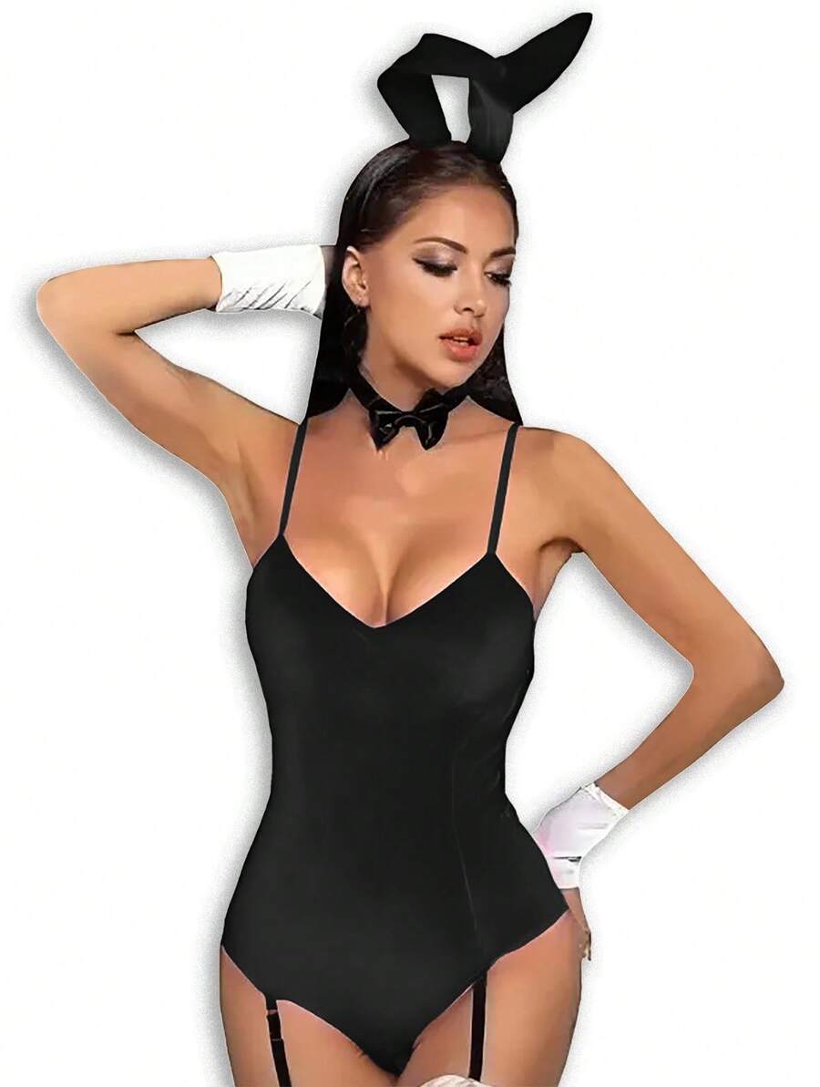 Body de cosplay de conejito navideño sexy con detalles de cordones cruzados sin espalda y mangas en los brazos, diseño de tirantes finos sin mangas - Negro - Ver 1