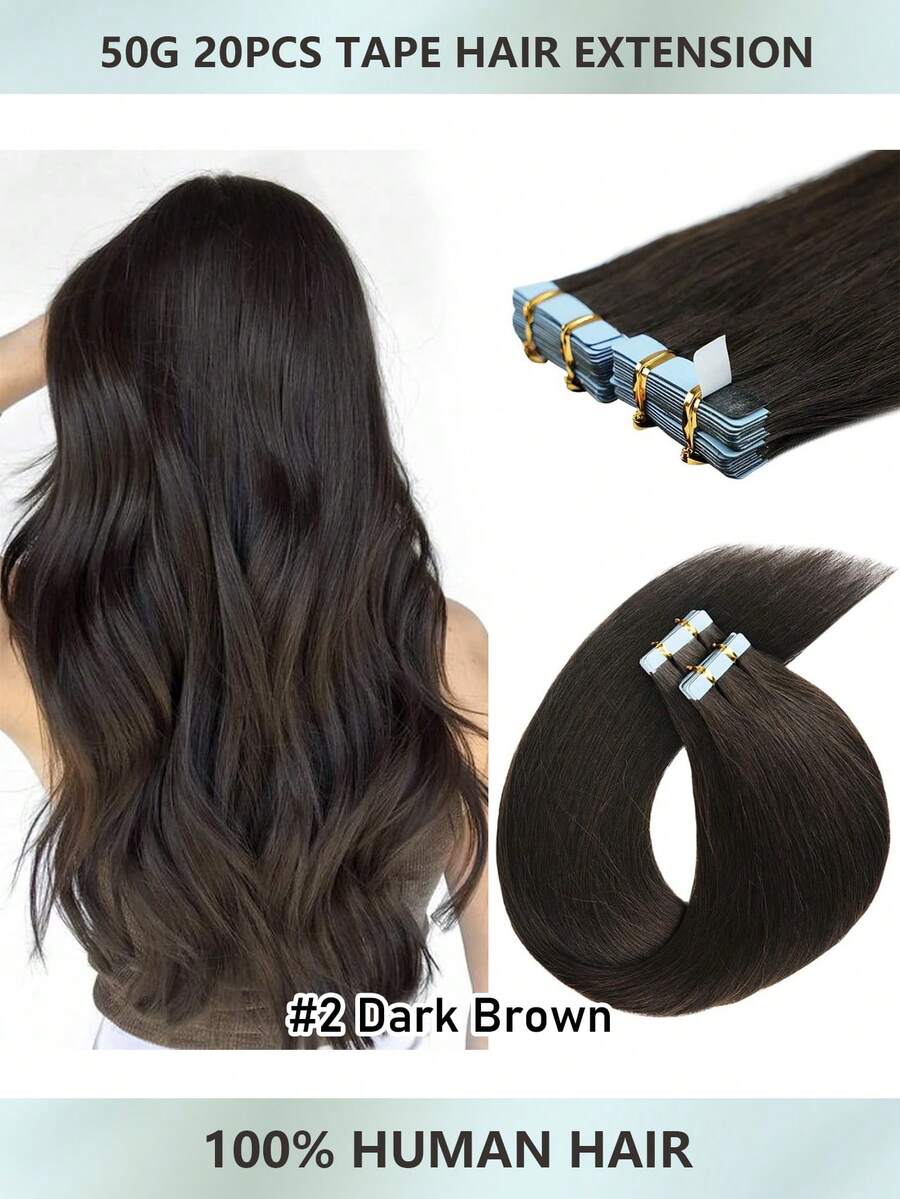 Dark Brown Tape Extensions Real Human Hair Color 16-26 Brown Glam Natural Seamless Tape In Hair Extensions Human Hair 16-26 Inch Weft Tape In Hair Extensions Tape Ins 20PCS 50grams Add Volume For Wedding,S2 Human Extensions - S2 - 查看 1