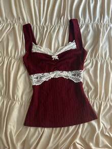 Women's Vintage Velvet Tank Tops Y2K Fairycore Lace Bow Cami Tops Teen Girls Sleeveless Cute Slim Fit Crop Tops E-Girls Camisole For Streetwear - 酒紅色 - 查看 1