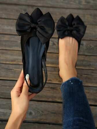 Black Backstrap Mule Flats, Pointed Toe Bow Decor Loafers, New Spring/Autumn Office Commute Elegant Versatile Hollow Design Women Flat Shoes