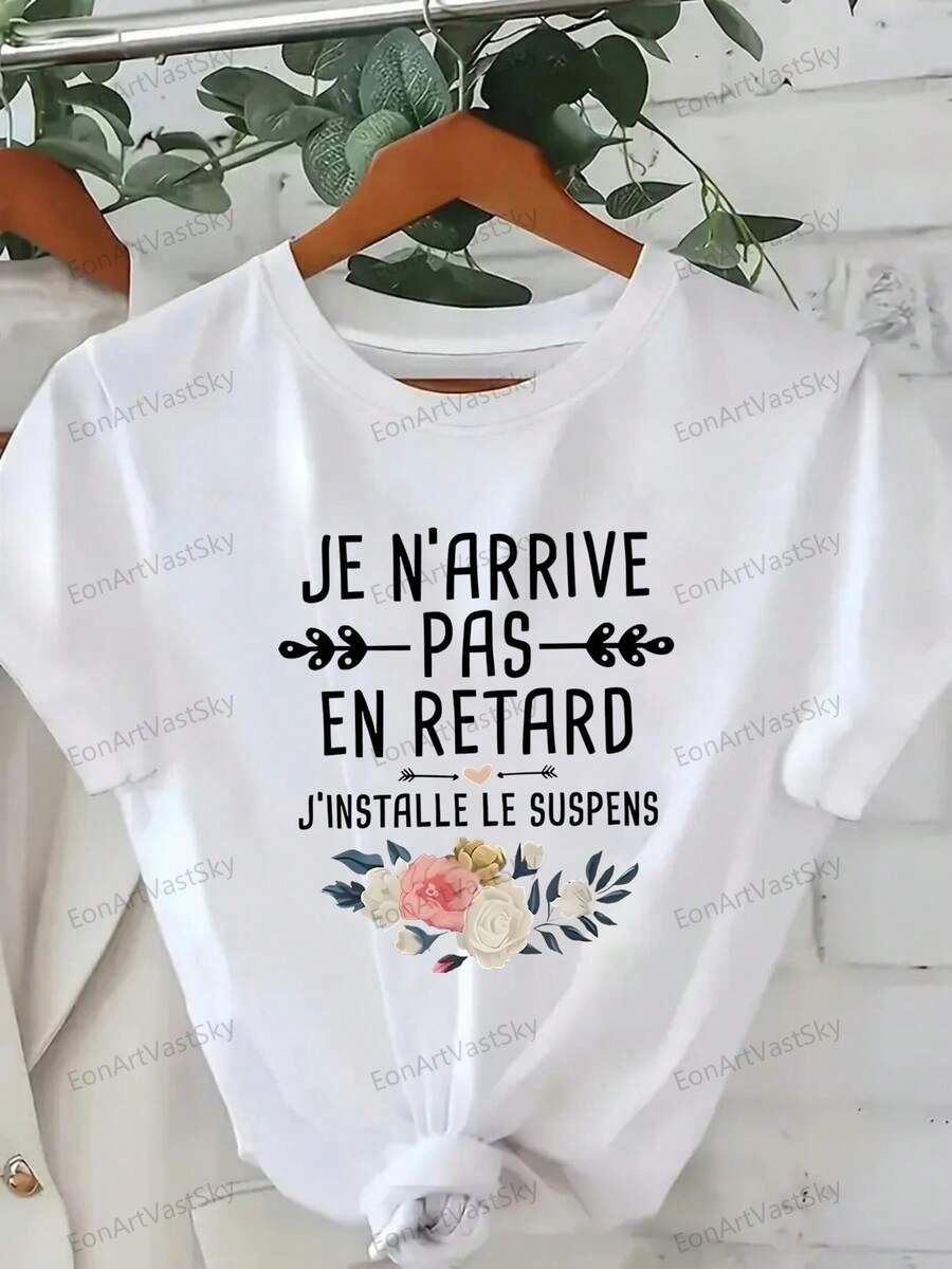 220g100% pure cotton women's T-shirt, printed with the "I won't be late" pattern, floral style, soft and breathable all year round, moisture wicking, recent popular T-shirt, suitable for casual wear, the best gift choice! - Blanco - Ver 1