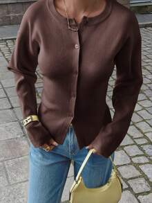 Live To Mo 春假穿搭棕色长袖纽扣开衫，休闲Y2K风格。非常适合情人节、外出和日常穿着。 - 棕色 - 查看 10