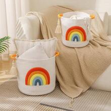 - Cestas de almacenamiento de juguetes de algodn tela para almacenamiento de cuerda para nios, cestas de manta para sala de estar, organizador de juguetes con bordado colorido arco iris - Arcoíris - Ver 9
