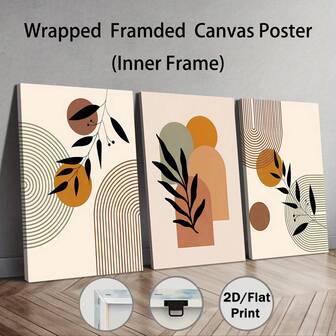 3 件波西米亚极简主义装饰艺术帆布墙面艺术套装，可选画框几何抽象叶纹水墨画，室内肖像方向海报，适用于客厅装饰、卧室装饰、家庭办公室装饰，带画框的墙面艺术