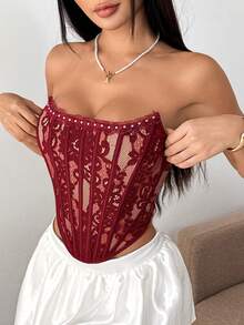 JSE Elegant Floral Print Mature Charm - Graceful Lace Ruffle Trim Backless Bustier Bodycon Corset Top - Burgundy - View 4