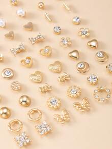 60pcs Fashion Metal Butterfly, Heart, Rhinestone, Moon, Bow Knot, Flower Stud Earrings Set, Jewelry Gift, Suitable For Women's Daily Wear - Yellow Gold - View 6