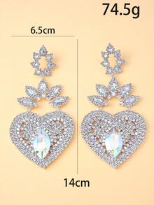 1 Pair Exaggerated Gold Heart Shaped Rhinestone Earrings, Luxury Design Jewelry Accessories For Women - Silver - View 7
