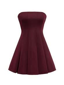 Unadoll Women's Strapless, Backless, Ruched, Sexy, Elegant Vacation, Date, Back To School, Music Festival, Cocktail Party, Formal Solid Color Mini Skirt - Burgundy - View 3
