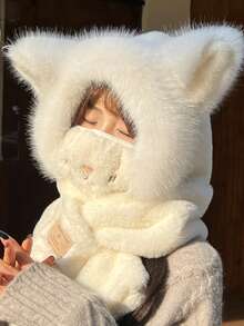 1pc Plush Warm Hat For Women, Cute Fox Ear Thick Beanie Scarf Set, Solid Color Polyester
