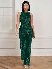Mono sin mangas de mujer con piernas anchas y lentejuelas para fiesta, con cremallera y tela elástica de alta calidad - Verde - Ver 3