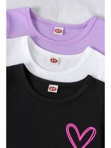 Set de 3 camisetas de manga corta de ajuste holgado con cuello redondo para niñas, con estampado de corazón y letras, diseño sencillo y casual, versátiles para el verano - Multicolor 2 - Ver 3