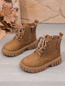 1 Paar braune einfarbige weiche PU-Leder Stiefel für Teenager & Kinder, seitliches Elastikpanel, Schnürung vorne, runde Zehenkappe, warme dicke Sohle, klassischer Chelsea-Stil, geeignet für 3-12 Jahre alte Jungen & Mädchen, Lässig, Schule, Urlaub, Herbst/Winter