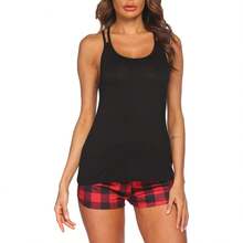 Women's Cami Pajama Set Sleeveless Racerback Tank Top Soft Sleepwear For 2025 - Red Plaid - View 2