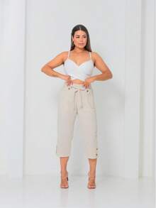 Simple Linen Capri Pants With Pockets For Winter Office 2025 - Màu be - Xem 5