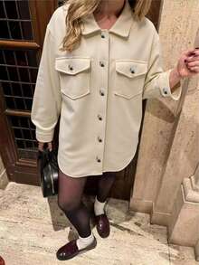 Jaqueta/Casaco de Moda Minimalista Estilo Casual de Escola/Trabalho, Manga Longa Solta, Bolso, Lapela, Lã, Cor Sólida, Adequado para Uso Diário, Outono/Inverno