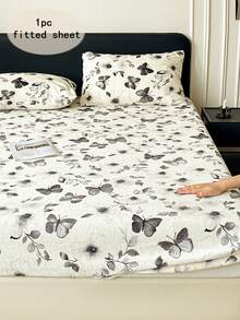 1 pieza Sábana ajustable con estampado de mariposa y hojas, sábana ajustable de terciopelo de leche suave y cálida, antiestática, resistente a las pelusas, con banda elástica en todo el perímetro, sábana ajustable extraíble, protector de colchón, sábana ajustable de estilo nórdico de color crema lujoso, adecuada para otoño/invierno, se ajusta a cama individual/doble/queen, incluye 1 sábana ajustable solamente, sin funda de almohada