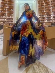 女式立领随机印花撞色、独特袖子、系腰带优雅长袖连衣裙 - 彩色 - 查看 9