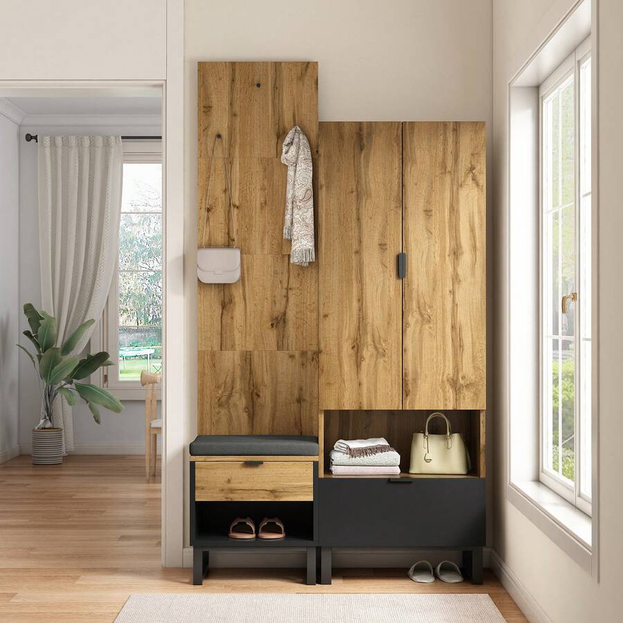 Sairedel Garderobenset mit Schuhbank, Flurgarderobe mit Sitzbank, Garderobe mit Hakenleiste, Schuhbank mit Schubladen, Garderobenset Komplett, Eingangsmöbel Set, Praxis Garderobe