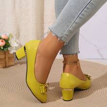 Geeyea Sandalias de mujer, tacones altos clásicos sin cordones para mujer, diseño de lazo metálico, superficie brillante, cómoda sensación en los pies, adecuada para viajes diarios y diversas ocasiones laborales, almacén local - Amarillo - Ver 4