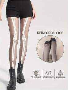 A Pair Of 0D Flat Halloween-Style Long-Legged Skeleton Stockings, Sexy Ultra-Thin Stockings, Visually Stylish For Wearing Outside, Soft And Lightweight Beige Color, Comfortable Without Burden