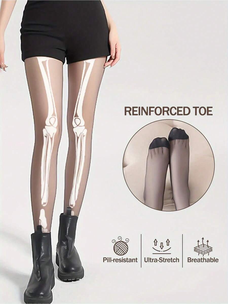 A Pair Of 0D Flat Halloween-Style Long-Legged Skeleton Stockings, Sexy Ultra-Thin Stockings, Visually Stylish For Wearing Outside, Soft And Lightweight Beige Color, Comfortable Without Burden