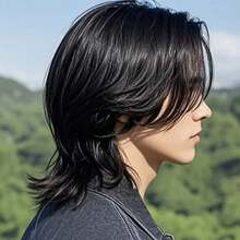 男士假发，适合室内外日常佩戴，中分发型，黑色，耐热透气