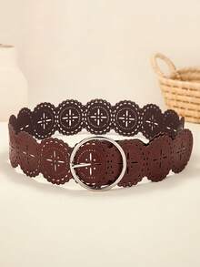 1pc Women's Vintage Round Hollow Geometric Pattern PU Leather Casual Jeans Belt, Suitable For Autumn, Halloween