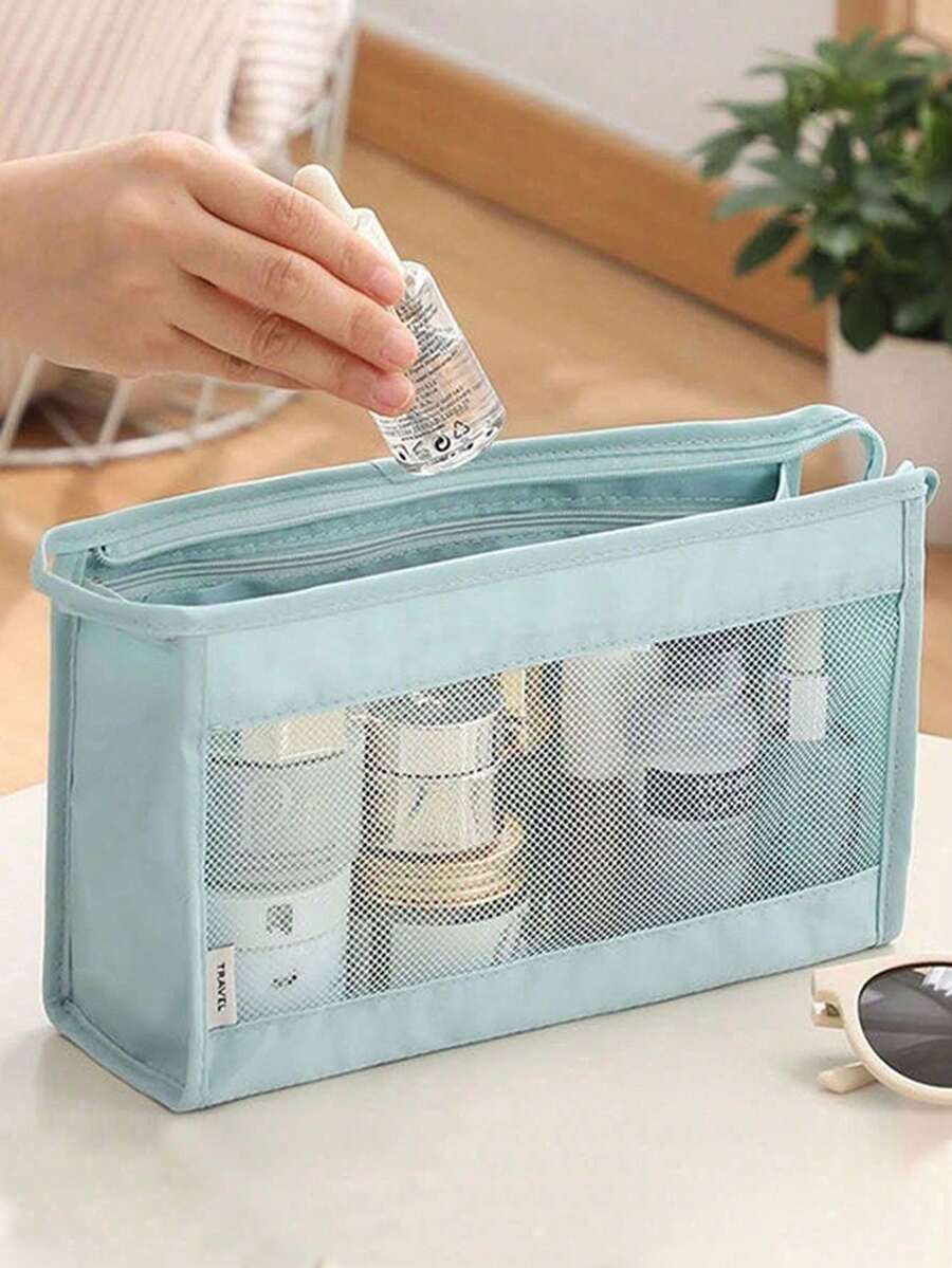 1个大容量网状化妆包，旅行洗漱收纳袋，带拉链和提手，透明优雅化妆包，男女通用便携旅行洗漱包 - 彩色 - 查看 1