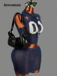 3pcs/Set Summer Mesh Sheer Dress Outfit, Floral Print Off-Shoulder Sexy Birthday Party Dress - Blue - View 2