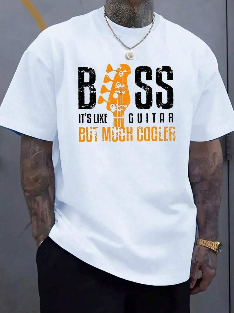 Men'S Casual Short Sleeve T-Shirt With Bass Guitar Print - "It'S Like A Much Cooler" Design, Comfortable Stretch Fabric, Summer Outdoor Activitie220g Heavy-Duty Pure Cotton T-Shirt, Fashionable And Comfortable Wo's Cotton T-Shirt, Suitable For Weekends, Travel, Shopping, Outdoor Activities Or Leisure, High-Quality Durable Fabric Suitable For All Seasons, Fashionable Top, - 白色6 - 查看 1