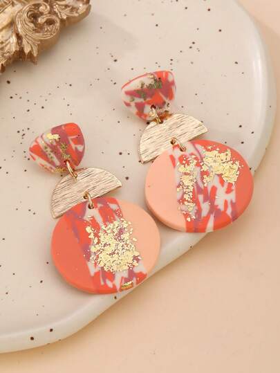 1 Pair Handmade Soft Clay Material Orange Textured Gold Foil Geometric Patchwork Luxury Party Earrings For Women, Suitable For Gatherings, Trips, Vacations, And As Gifts, Available In Multiple Colors