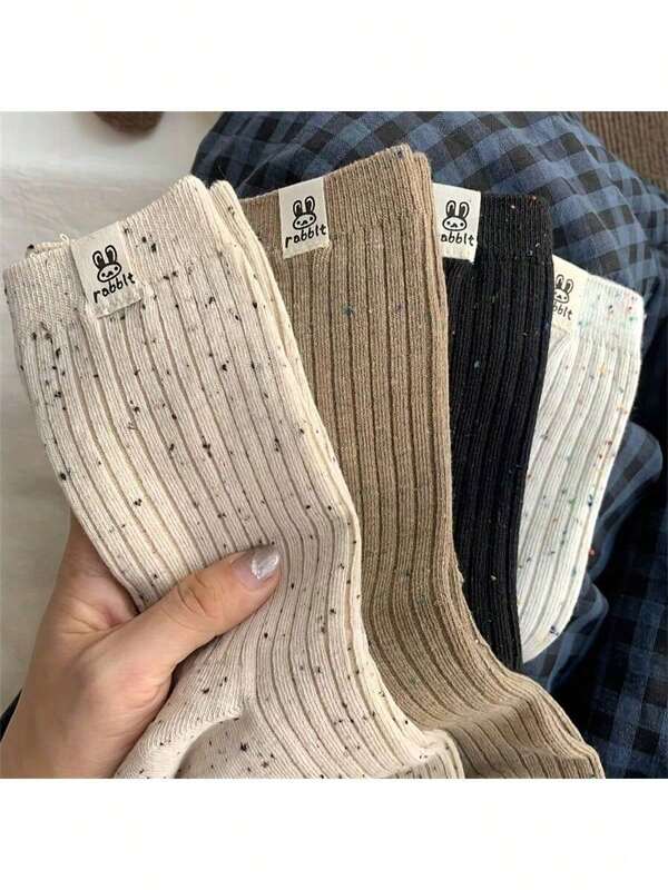 2/4/8 piezas de calcetines de tubo medio de unicolor para mujer, calcetines casuales y transpirables de moda, calcetines cortos y pantis para mujer, calcetines con estampado de conejo, adecuados como regalos de Halloween
