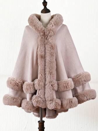 1 件纯色下摆双层人造毛皮饰边腈纶连帽斗篷披肩，休闲优雅派对装，秋冬