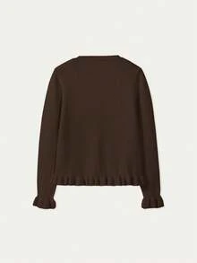 Nuevo suéter de punto de manga larga con cuello en V de unicolor minimalista para primavera/verano, elegante y a la moda cárdigan con volantes para el transporte, versátil cárdigan ajustado casual para uso diario