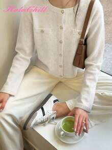 HoloChill Women's Casual Style Round Neck Contrast Button Front Cardigan, 2025 Autumn/Winter New, Christmas