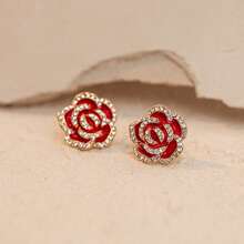 1 Đôi bông tai đính đá hình hoa trà, kiểu dáng tối giản thời trang, chất liệu bạc. - Đỏ - Xem 6