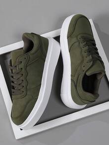 46 White Thick Sole Men's Casual Sneakers, Lightweight Soft Bottom Breathable Sports Shoes - Green - View 4