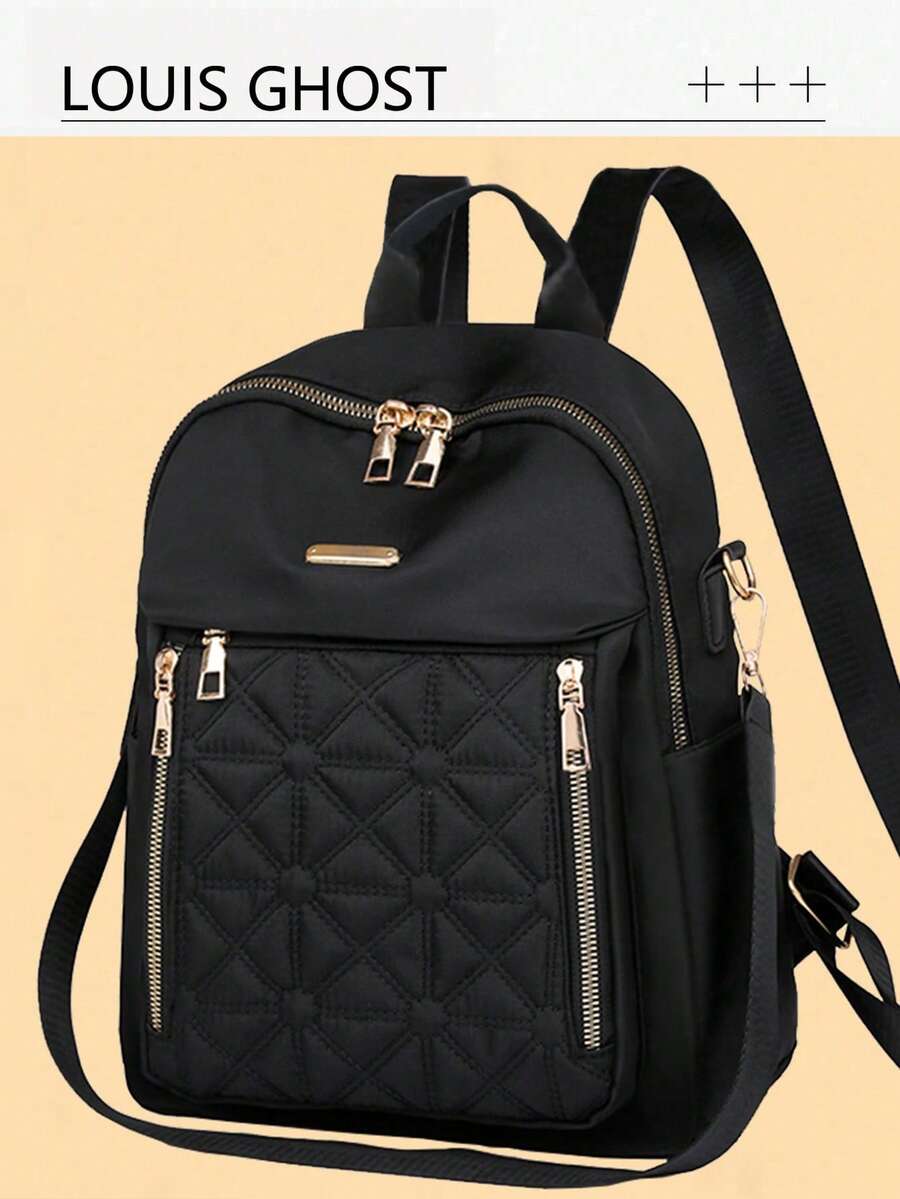 Quilted Diamond Multipurpose Backpack - A Versatile Choice For Urban Commute And Campus Life. This Black Backpack Features A Quilted Diamond Texture, Creating A 3D Effect, And Is Complemented By Gold Zippers And A Metal Nameplate, Showcasing Refined Details. The Top Dual-Zipper Pocket Allows For Easy Access To Keys. - Black - View 1