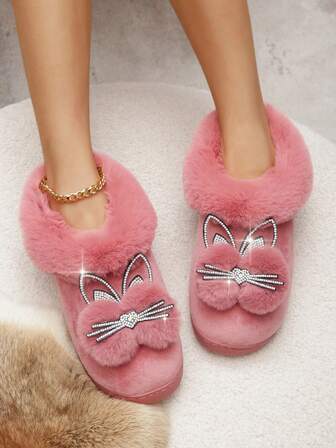 Pantuflas para mujer, nuevas botas cortas de felpa con fondo grueso de otoño/invierno, botas de tubo cálidas, versión coreana a juego de botas cortas de terciopelo cálidas de invierno 2025, zapatos de mujer, zapatos lindos con decoración de cabeza de gato, atuendos navideños