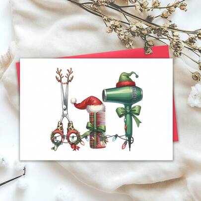 Festive Christmas Hairdresser Greeting Card With Envelope - Cartoon Santa Hat & Scissors Design, Unique Holiday Gift For Stylists & Beauty Professionals, Paper Material, No Battery Required, Christmas Greeting Card | Playful Design | Paper Card, Christmas Greeting Cards