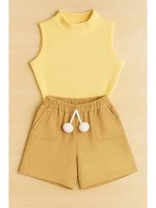 Children's And Youth Set Basic Tank Top + Ribbed Shorts With Pompom Super Stylish 2-Piece Kit For Girls And Teenagers Spring Summer CJI039 - Nude and Yellow - View 2
