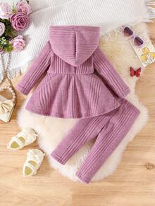 2 件套女婴甜美温柔蝴蝶印花字母针织连帽衫和裤子套装 - 紫丁香色 - 查看 2