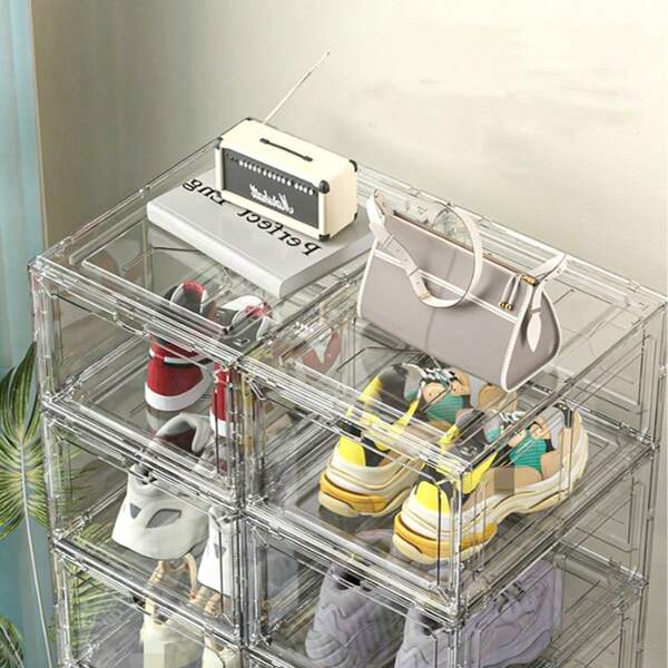 Upgraded Stackable Transparent Shoe Box, Display Storage Box, Clear Plastic Drawer Shoe Box, Shoe Rack, Shoe Cabinet, Suitable For Office & Home Display And Storage, Transparent, Black 1pc